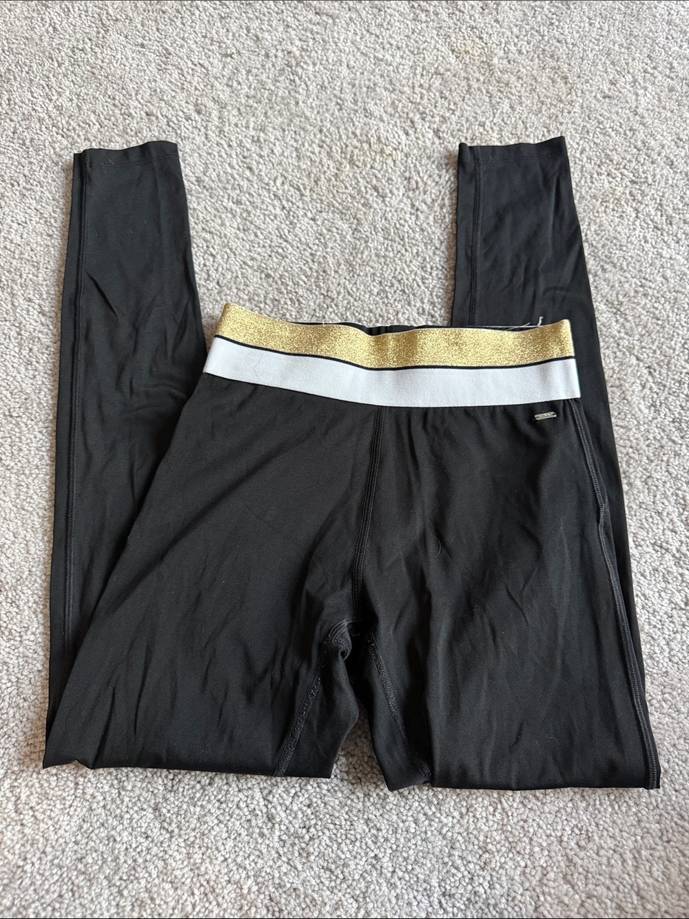 Pink Active Black Leggings with Gold and White Waistband